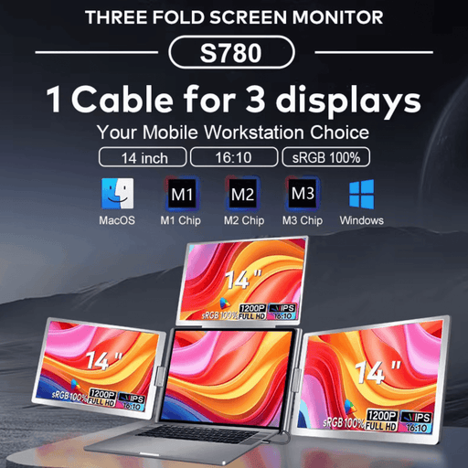 TUTT 14” Triple Portable Monitor | Single Cable Setup 16:10 Ratio | Laptop Quad Screen Extender | S780 - TUTT