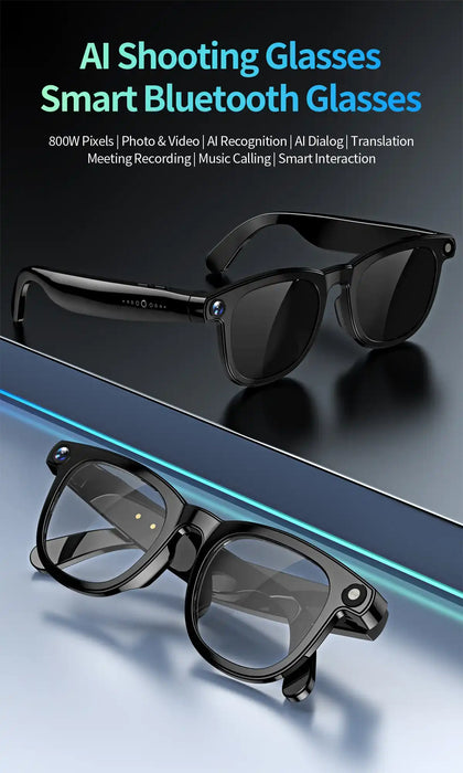 Smart Bluetooth glasses with black frames on a reflective surface TUTT AI Smart Glasses Sunglasses, 8MP Camera, ChatGPT, Translation Dual Lenses Replaceable with Prescription