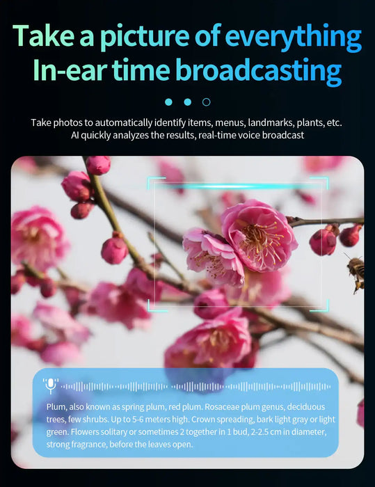 Advertisement for in-ear time broadcasting technology with a focus on flowers. TUTT AI Smart Glasses Sunglasses, 8MP Camera, ChatGPT, Translation Dual Lenses Replaceable with Prescription