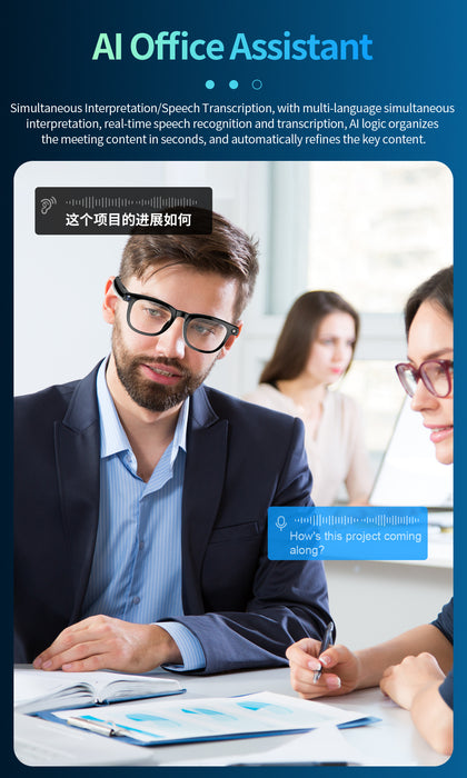 AI Office Assistant with text and interface elements on a blue background TUTT AI Smart Glasses Sunglasses, 8MP Camera, ChatGPT, Translation Dual Lenses Replaceable with Prescription