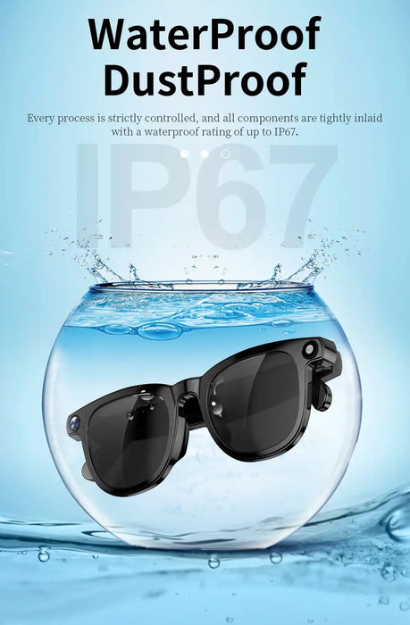 Sunglasses being submerged in water with 'WaterProof DustProof' text and IP67 rating on a blue background. TUTT AI Smart Glasses Sunglasses, 8MP Camera, ChatGPT, Translation Dual Lenses Replaceable with Prescription