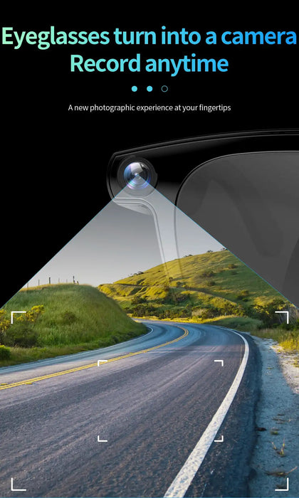 Eyeglasses transforming into a camera with a scenic road view. TUTT AI Smart Glasses Sunglasses, 8MP Camera, ChatGPT, Translation Dual Lenses Replaceable with Prescription
