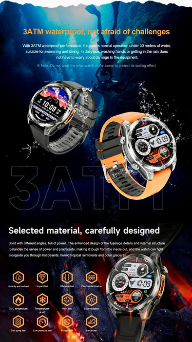 TUTT Tactical Smart Watch For Men | 1.43 Dial | Compass Flashlight Chat-GPT 3TAM Waterproof | Rugged Fitness and Health Tracker | H300 Smartwatch 400mAh Battery - TUTT