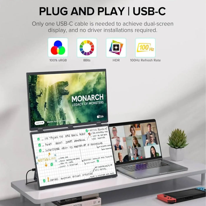 TUTT 18.5” Portable Monitor Dual-Screen E28 | 100Hz | IPS | USB-C & HDMI | No Driver - TUTT