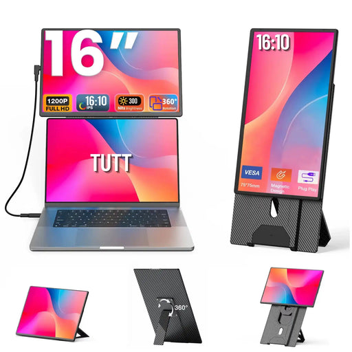 TUTT 16" Laptop Screen Extender with Stand 16:10 Ratio USB-C/HDMI + Speaker | Multiple Position Portable Monitor | Reverse Charging Plug-Play for Mac/OS/Wins/Chrome/Dex N2 - TUTT