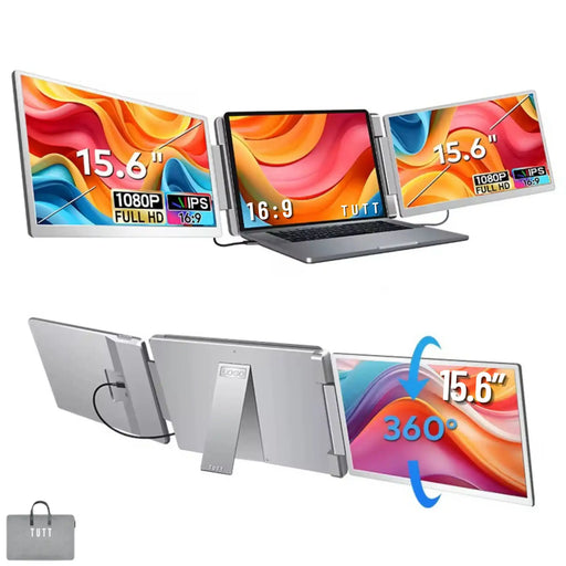 TUTT 15.6” Dual Portable Monitor | 16:9 Ratio FHD IPS Triple Screen Extender | Rotating Right Screen | Standalone | H5 Converter Cable | Windows, Mac OS – S10 - TUTT