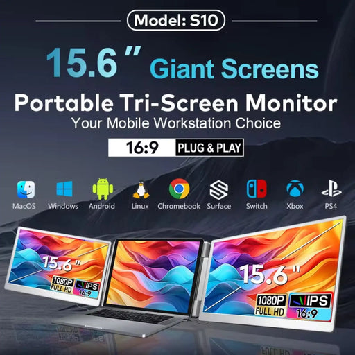 TUTT 15.6” Dual Portable Monitor | 16:9 Ratio FHD IPS Triple Screen Extender | Rotating Right Screen | Standalone | H5 Converter Cable | Windows, Mac OS – S10 - TUTT