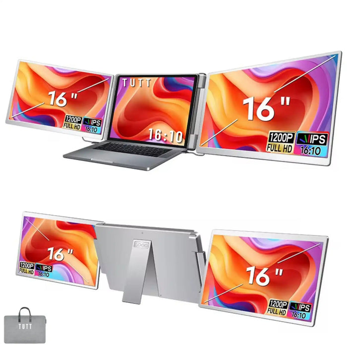 TUTT 16” Dual Portable Monitor | 16:10 Ratio FHD IPS Triple Screen Extender | Dual Rotating Screens | Standalone | H5 Converter Cable | Windows, Mac OS – Model S11