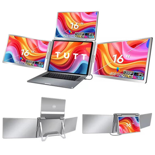TUTT 16” Triple Screen Portable Monitor For Laptop 12”-18.5” | Single Cable Setup | 16:10 IPS | Quad Screen Extender | Stand-Alone for Mac & Windows S788 - TUTT