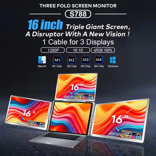 TUTT 16” Triple Screen Portable Monitor For Laptop 12”-18.5” | Single Cable Setup | 16:10 IPS | Quad Screen Extender | Stand-Alone for Mac & Windows S788 - TUTT