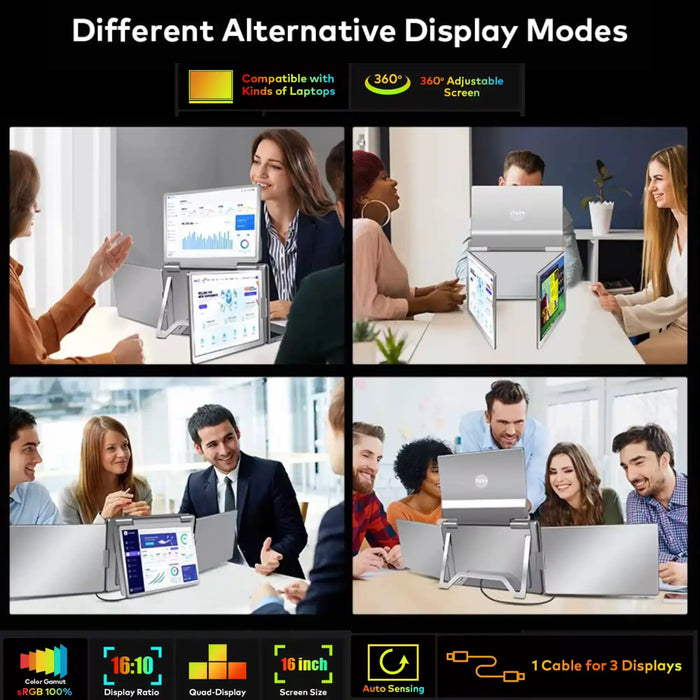 TUTT 16” Triple Screen Portable Monitor For Laptop 12”-18.5” | Single Cable Setup | 16:10 IPS | Quad Screen Extender | Stand-Alone for Mac & Windows S788 - TUTT