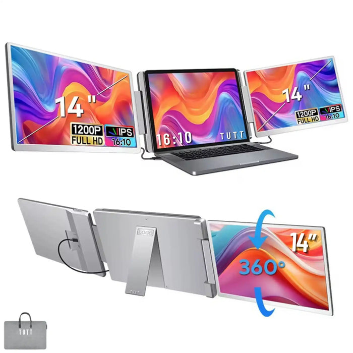 Écran portable double TUTT 14 pouces | Extension triple écran FHD IPS 16:10 | Écran rotatif à droite | Autonome | Câble convertisseur H5 | Windows, Mac OS S7