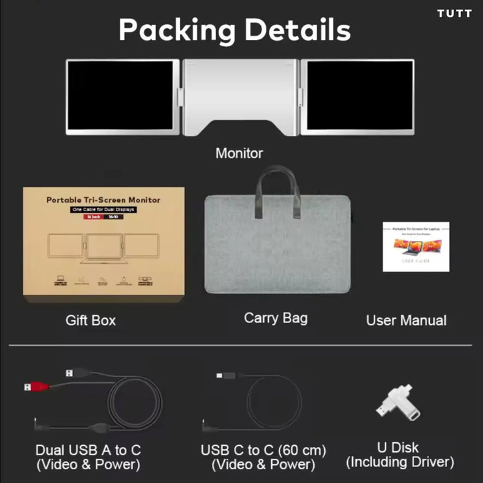 TUTT 16” Dual Screen Portable Monitor for Laptop | Single Cable Connection | 16:10 Ratio IPS, Stand-Alone Design | Windows, macOS, ChromeOS, Linux, and Android | S900 - TUTT