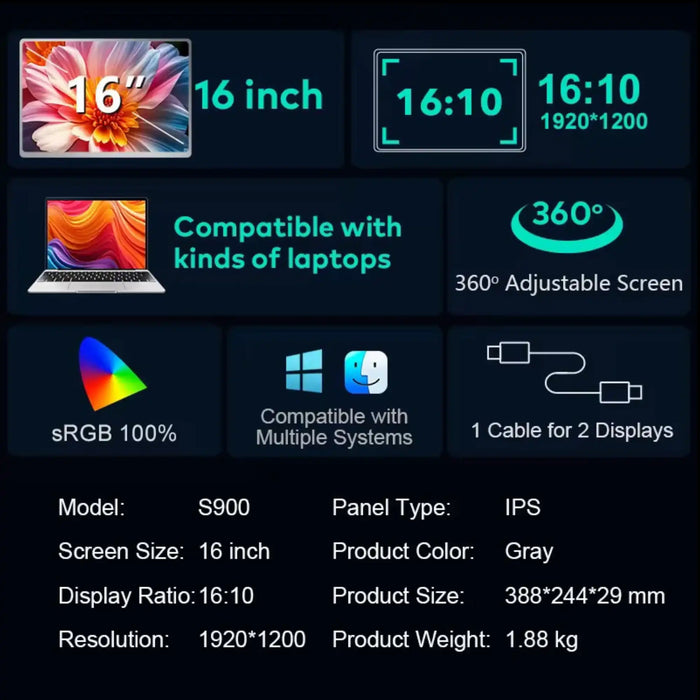 TUTT 16” Dual Screen Portable Monitor for Laptop | Single Cable Connection | 16:10 Ratio IPS, Stand-Alone Design | Windows, macOS, ChromeOS, Linux, and Android | S900 - TUTT