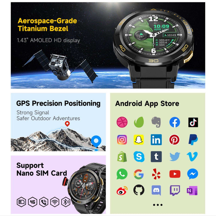 TUTT ZL1 Rugged Android AMOLED Smart Watch 4G GPS | 2MP HD Camera | IP68 1 ATM | 2GB-16GB ROM | Titanium Alloy - TUTT