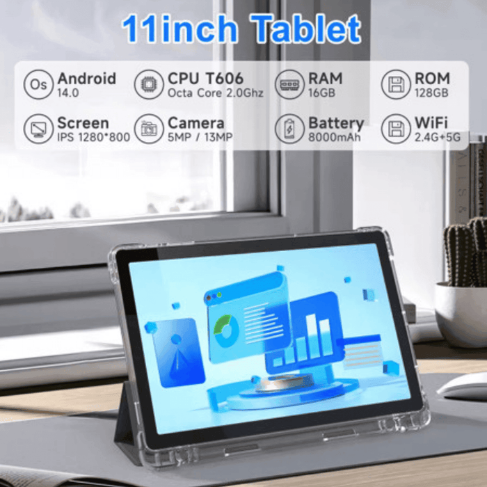 TUTT 11” Tablet Android 14 Keyboard, Mouse, Case, Stylus | 128GB ROM+16GB RAM Dual Camera 128GB SanDisk X9 - TUTT