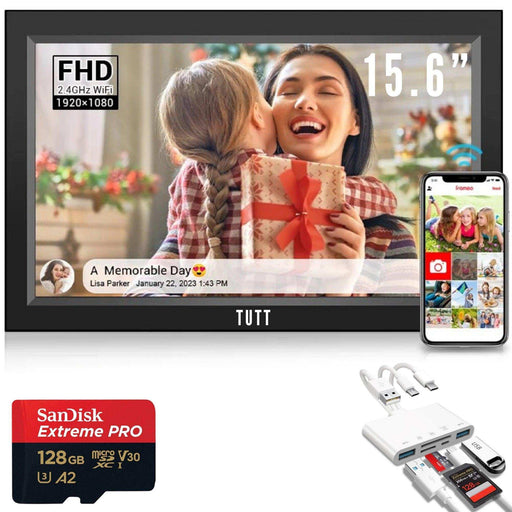 TUTT 15.6” Digital Photo Frame | WiFi IPS Touch Screen, Internal 32 GB | Frameo App | Tabletop or Wall-Mounted | 128GB Micro SD SanDisk + 5 in 1 Card Reader - TUTT