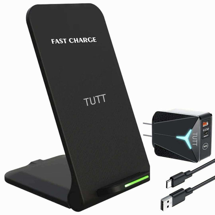 TUTT 15W Wireless Foldable Charger Stand Pad Compatible with iPhone 14/13/12/SE 2020/11/XS Max/XR/X/8 Plus, Galaxy S23/S22/S21/S20/S10/S9/ Type-C + USB Fast Charger Adapter | support de chargement sans fil - TUTT