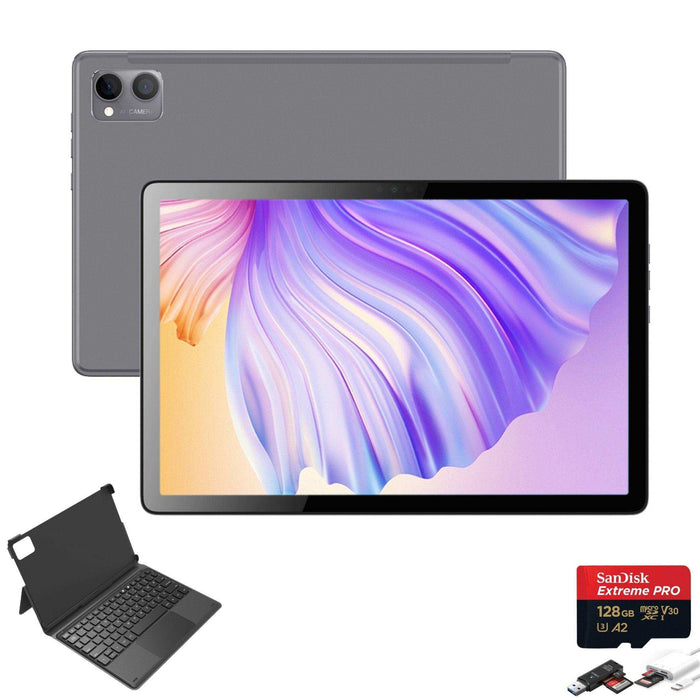 TUTT 2 in 1 P98 10.4” Tablet LTE 4G SIM card WiFi FHD Android 13 with Keyboard, Case, Stylus, 128GB +8GB RAM, 13/5MP Dual Camera Octa-Core | 128GB SanDisk Extreme 3-in-1 SD/TF Kit - TUTT
