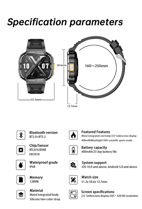 TUTT 2.0" Dial Smart Watch | Rugged Military | Health and Fitness Tracking | Flashlight | NX23 Smartwatches For Men - TUTT