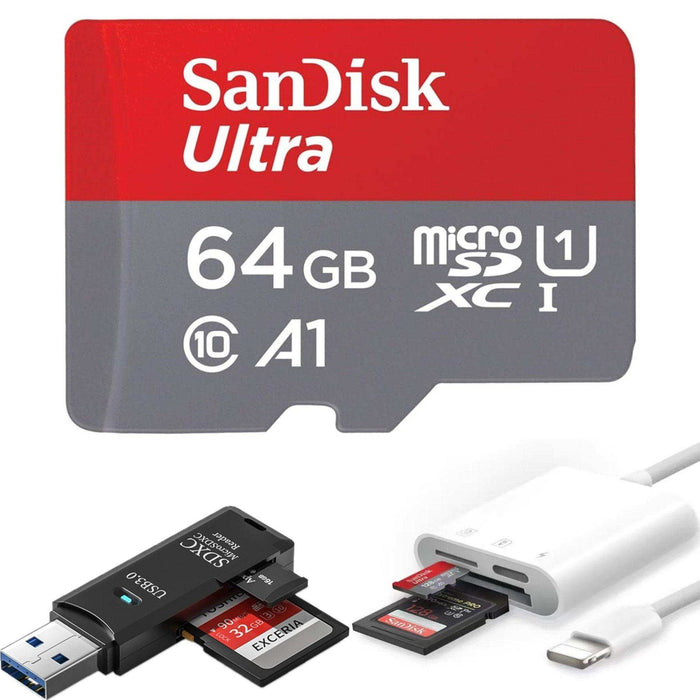 TUTT 3 in 1 | SanDisk 64/128/256/512GB 1TB Ultra microSDXC MicroSD Memory Card Up to 120MB/s, Full HD A1 + Lightning to SD Card iPhone iPad + 2-in-1 SD Card Reader USB3.0 5Gbps - TUTT