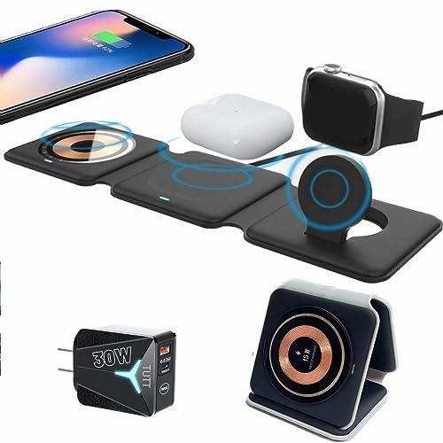 TUTT 3 in 1 Wireless Magnetic Foldable Charger Station Compatible with iPhone 14/13/12/11 AirPods 3/2/Pro2/iWatch/8/7/6/5/4/3/2/SE, Galaxy S22/S21/S20/S10 /S9 /S8 /Plus/S7) etc. 30W Adapter Included | support de station de recharge sans fil - TUTT