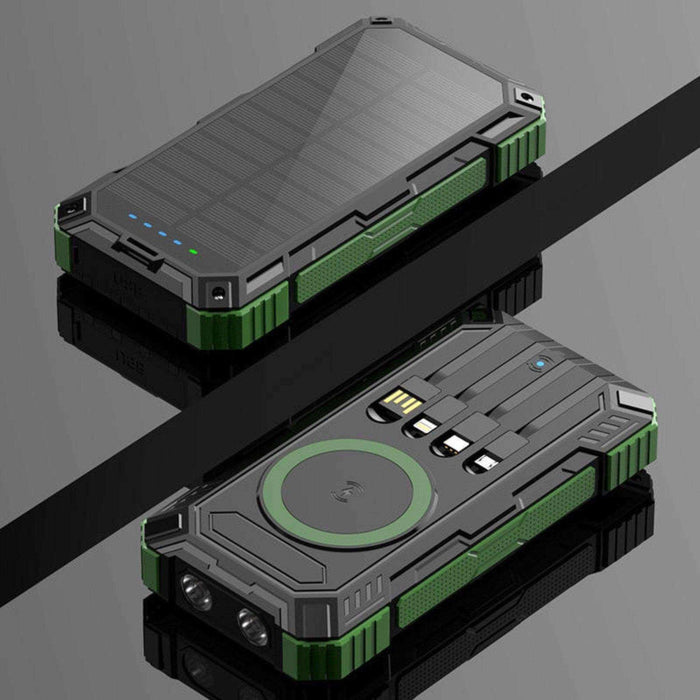 TUTT 30000mAh Portable Rugged Solar-Dual Mode Charging Waterproof Outdoor Power Bank | External Battery 4 Built-In USB Cables | Fast Wireless Charging | 7 Output With Flashlight SOS - TUTT
