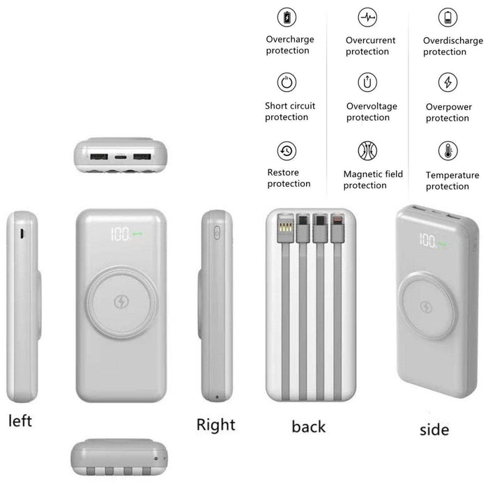 TUTT 30,000mAh Wireless Portable Charger Power Bank with Built-in 4 Cable, 6 Outputs & 3 Inputs Fast Charging External Power USB-C Battery Pack, LED Display - TUTT