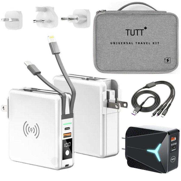 TUTT 4 in 1 Universal Travel Adapter 10000mah Power Bank | 3 Global Plugs Kit | Wireless Charging | 30W Type-C | 3 in 1 Multi Charging Cable | Carrying Bag EU,UK,USA,AUSTRALIA - TUTT