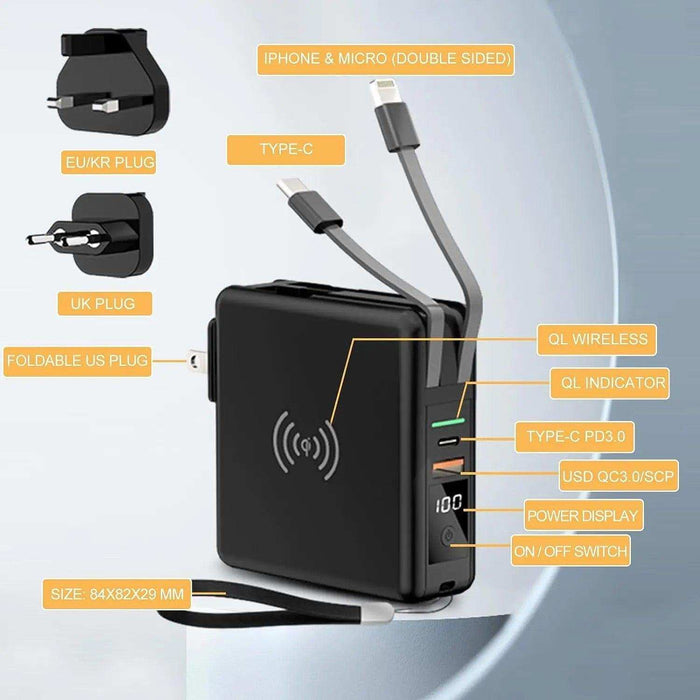 TUTT 4 in 1 Universal Travel Adapter 10000mah Power Bank | 3 Global Plugs Kit | Wireless Charging | 30W Type-C | 3 in 1 Multi Charging Cable | Carrying Bag EU,UK,USA,AUSTRALIA - TUTT