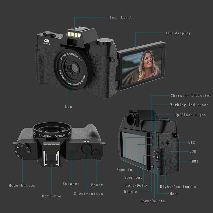 TUTT 4K 48MP Digital Camera for Vlogging 3.0’’ 180° Flip Screen, WiFi, 16X Digital Zoom, Wide Angle & Macro Lens Mic, Full Combo | 128GB SanDisk 3 in 1 SD/TF/Charging Kit - TUTT