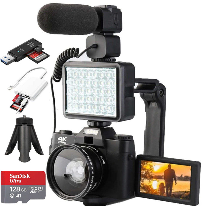 TUTT 4K 48MP Digital Camera for Vlogging 3.0’’ 180° Flip Screen, WiFi, 16X Digital Zoom, Wide Angle & Macro Lens Mic, Full Combo | 128GB SanDisk 3 in 1 SD/TF/Charging Kit - TUTT
