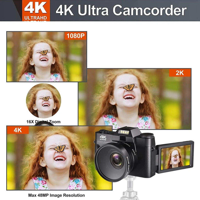 TUTT 4K 48MP Digital Camera for Vlogging 3.0’’ 180° Flip Screen, WiFi, 16X Digital Zoom, Wide Angle & Macro Lens Mic, Full Combo | 128GB SanDisk 3 in 1 SD/TF/Charging Kit - TUTT