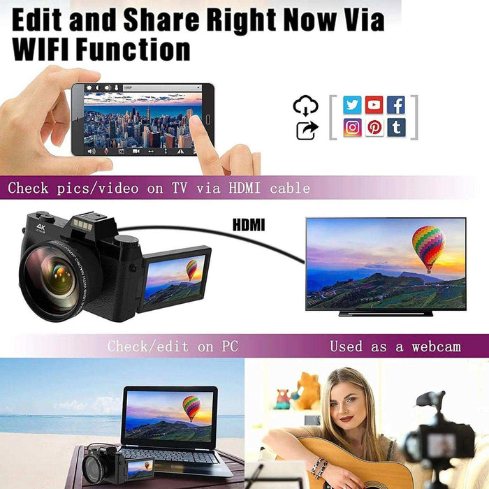 TUTT 4K 48MP Digital Camera for Vlogging 3.0’’ 180° Flip Screen, WiFi, 16X Digital Zoom, Wide Angle & Macro Lens Mic, Full Combo | 128GB SanDisk 3 in 1 SD/TF/Charging Kit - TUTT