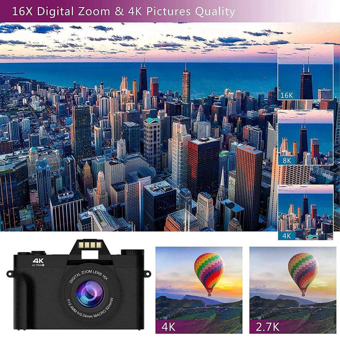 TUTT 4K 48MP Digital Camera for Vlogging 3.0’’ 180° Flip Screen, WiFi, 16X Digital Zoom, Wide Angle & Macro Lens Mic, Full Combo | 128GB SanDisk 3 in 1 SD/TF/Charging Kit - TUTT