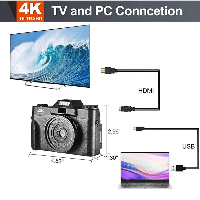 TUTT 4K 48MP Digital Camera for Vlogging 3.0’’ 180° Flip Screen, WiFi, 16X Digital Zoom, Wide Angle & Macro Lens Mic, Full Combo | 128GB SanDisk 3 in 1 SD/TF/Charging Kit - TUTT