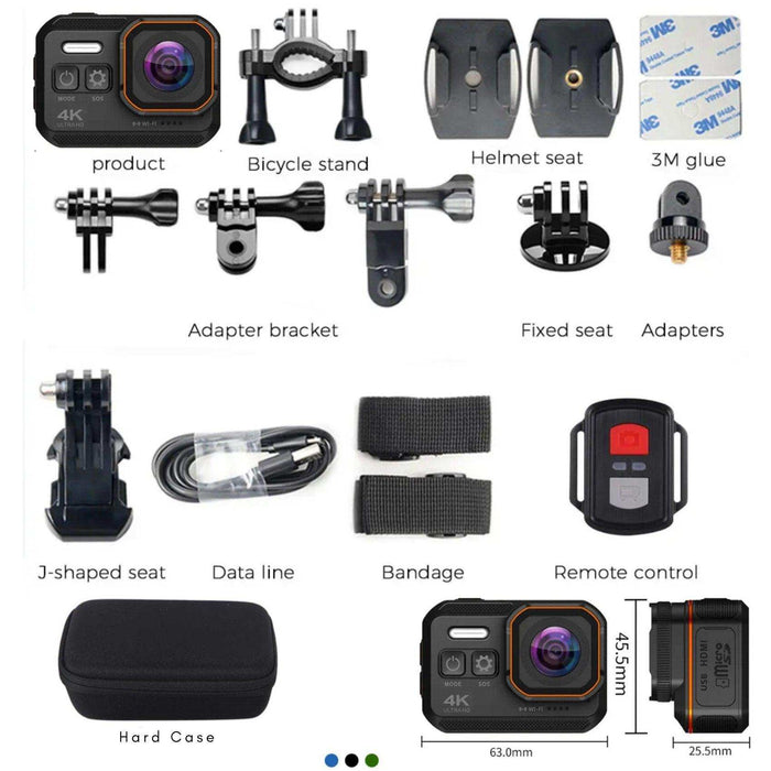 TUTT 4K 60fps 20MP Waterproof Action Camera Dash Cam 2” IPS Display IP68 Waterproof Underwater Wi-fi Motion Camera Hamlet Vlogging Hard Case 128GB SanDisk 3 in 1 SD/TF/Charging Kit - TUTT