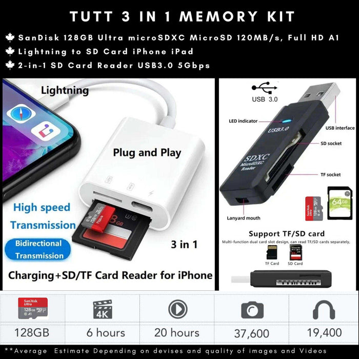 TUTT 4K 60fps 20MP Waterproof Action Camera Dash Cam 2” IPS Display IP68 Waterproof Underwater Wi-fi Motion Camera Hamlet Vlogging Hard Case 128GB SanDisk 3 in 1 SD/TF/Charging Kit - TUTT