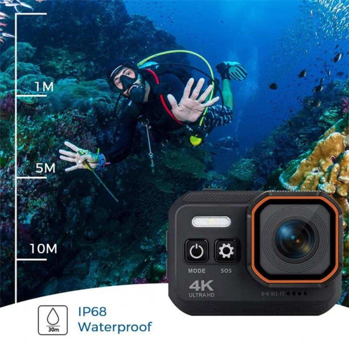 TUTT 4K 60fps 20MP Waterproof Action Camera Dash Cam 2” IPS Display IP68 Waterproof Underwater Wi-fi Motion Camera Hamlet Vlogging Hard Case 128GB SanDisk 3 in 1 SD/TF/Charging Kit - TUTT