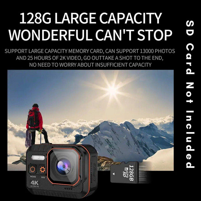 TUTT 4K 60fps 20MP Waterproof Action Camera Dash Cam 2” IPS Display IP68 Waterproof Underwater Wi-fi Motion Camera Hamlet Vlogging Hard Case 128GB SanDisk 3 in 1 SD/TF/Charging Kit - TUTT