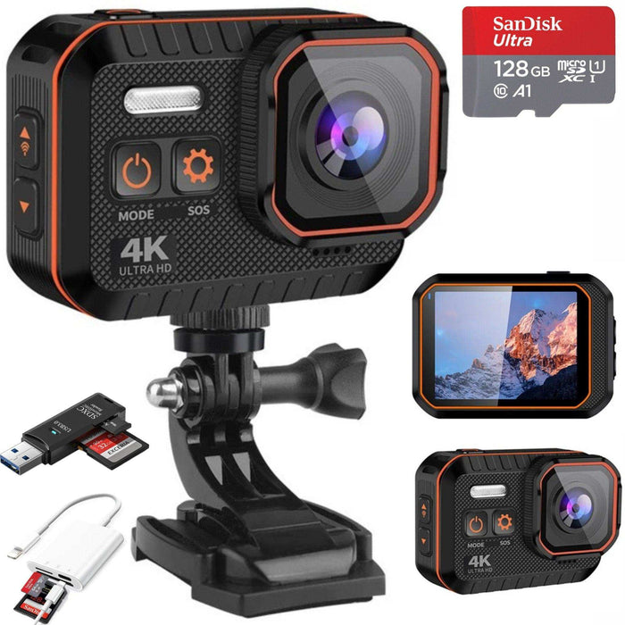TUTT 4K 60fps 20MP Waterproof Action Camera Dash Cam 2” IPS Display IP68 Waterproof Underwater Wi-fi Motion Camera Hamlet Vlogging Hard Case 128GB SanDisk 3 in 1 SD/TF/Charging Kit - TUTT