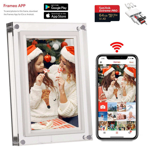 TUTT 7" and 10” Acrylic Digital Photo Frame | WiFi | IPS Touchscreen | 32GB Built-In Storage | Frameo App | SanDisk Extreme PRO® 64GB micro SD Card + Reader Kit - TUTT