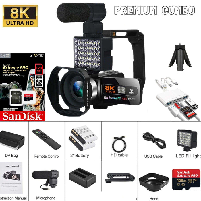 TUTT 8K 48MP Camcorder WIFI Digital Video Camera Recorder | Premium Combo 128GB SanDisk 2 Batteries - TUTT