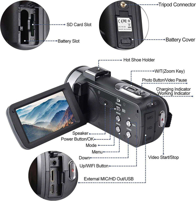TUTT 8K 48MP Camcorder WIFI Digital Video Camera Recorder | Premium Combo 128GB SanDisk 2 Batteries - TUTT