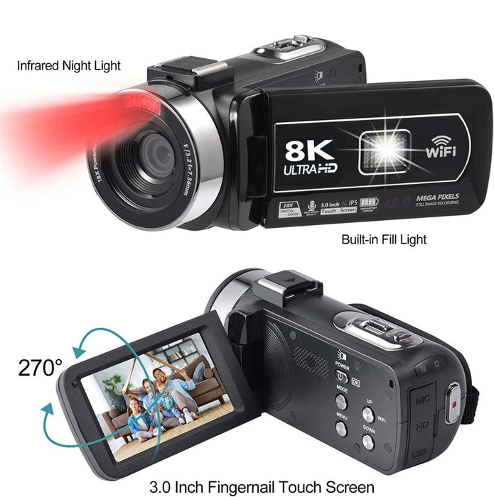 TUTT 8K 48MP Camcorder WIFI Digital Video Camera Recorder | Premium Combo 128GB SanDisk 2 Batteries - TUTT