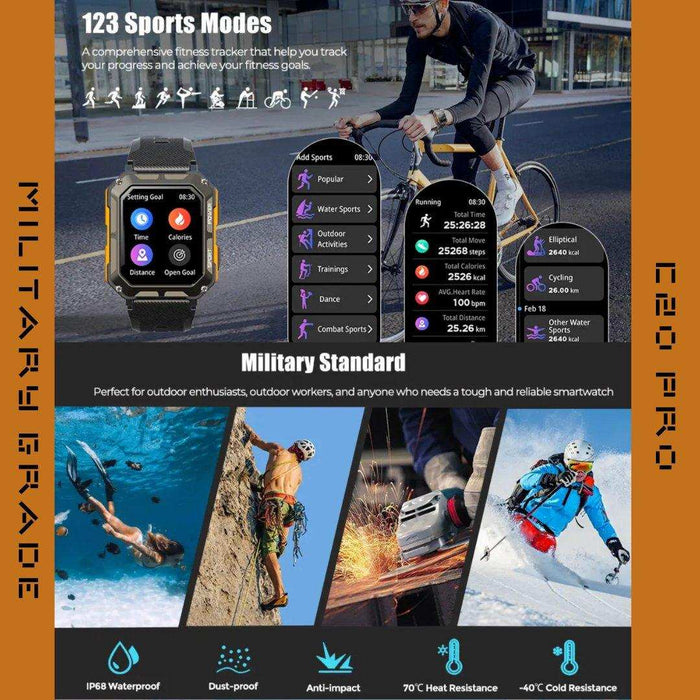TUTT Smartwatch for Men Military Rugged | Speaker Pedometer IP68 Waterproof 1.83'' HD Tactical Smart Watch Fitness and Health Tracking Long Battery Life C20-Pro - TUTT