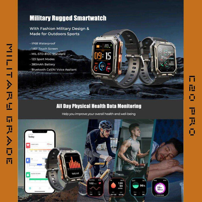 TUTT Smartwatch for Men Military Rugged | Speaker Pedometer IP68 Waterproof 1.83'' HD Tactical Smart Watch Fitness and Health Tracking Long Battery Life C20-Pro - TUTT