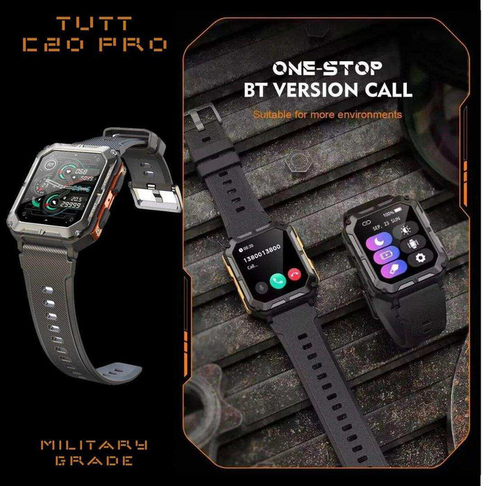 TUTT Smartwatch for Men Military Rugged | Speaker Pedometer IP68 Waterproof 1.83'' HD Tactical Smart Watch Fitness and Health Tracking Long Battery Life C20-Pro - TUTT