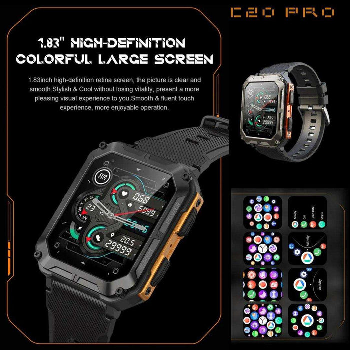 TUTT Smartwatch for Men Military Rugged | Speaker Pedometer IP68 Waterproof 1.83'' HD Tactical Smart Watch Fitness and Health Tracking Long Battery Life C20-Pro - TUTT