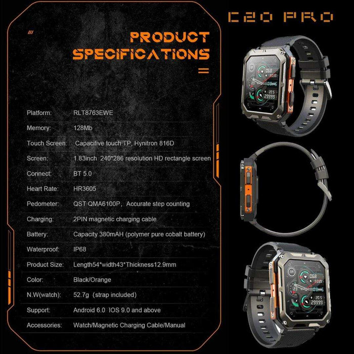TUTT Smartwatch for Men Military Rugged | Speaker Pedometer IP68 Waterproof 1.83'' HD Tactical Smart Watch Fitness and Health Tracking Long Battery Life C20-Pro - TUTT